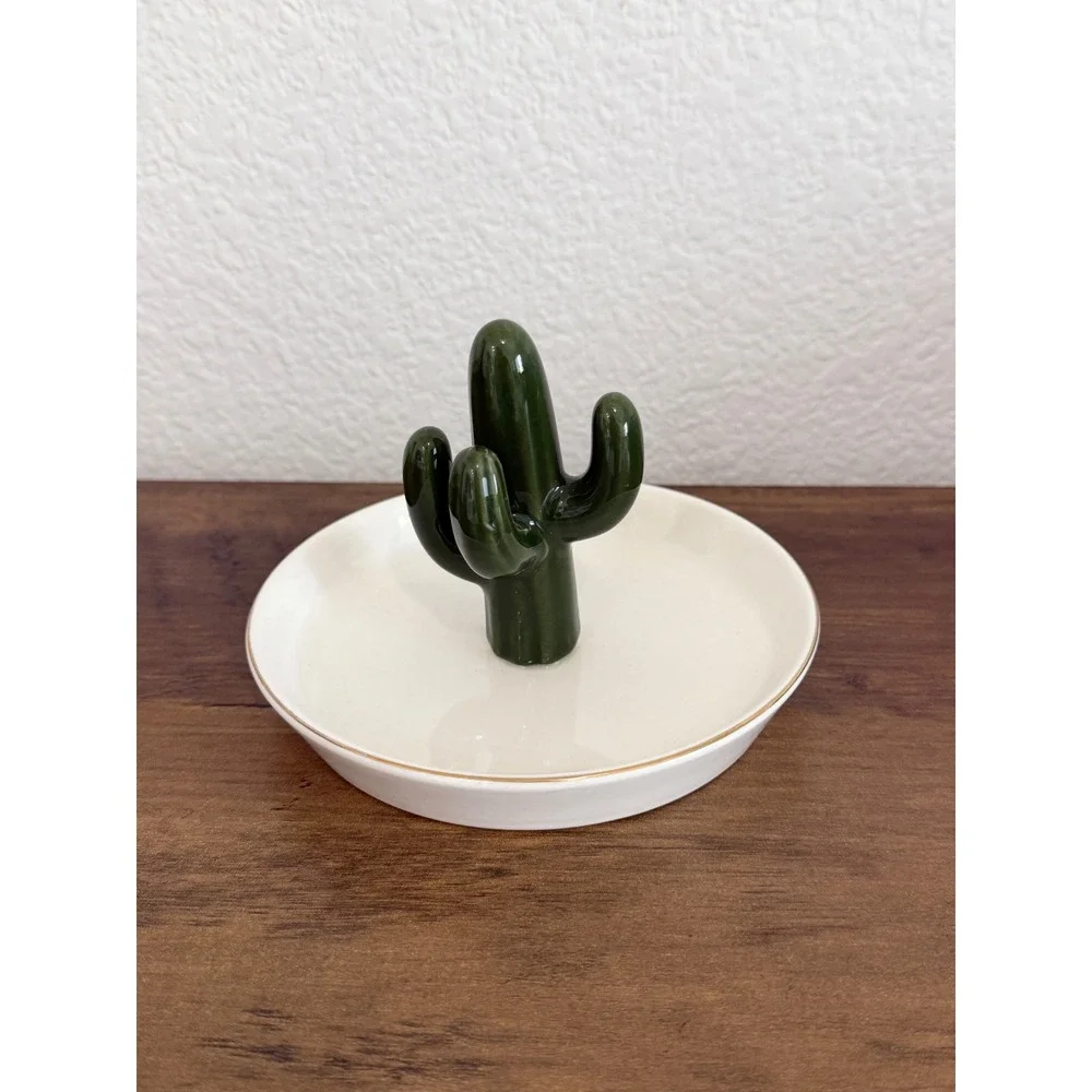 Mono Living Ceramic Cactus Ring Holder Trinket Dish White Green Gold Rim